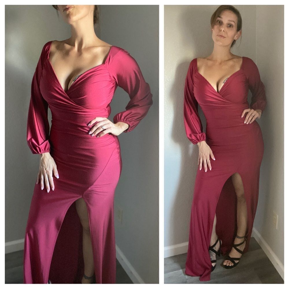 Fashion Nova Maxi Dress High Slit Gown Wine Red Medium